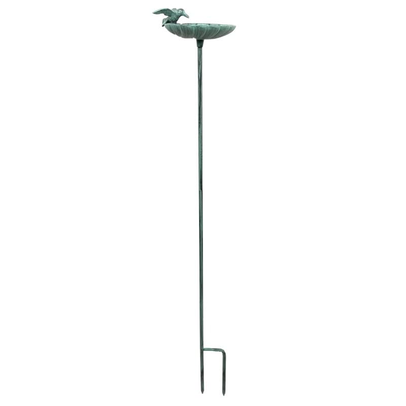 Set de 2 Tuteurs Bain d'oiseaux ou Pics de Jardin 2 Coupelles Façon Bénitier Bain à Oiseau en Fonte Patinée Verte 15x15x100cm