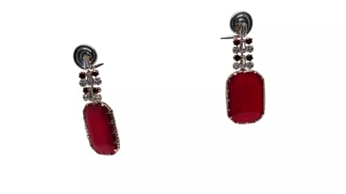Pendientes colgantes elegantes estilo indio, piedra roja con detalles de cristal, latón, M, Latón, Piedra., M, Latón, Piedra.