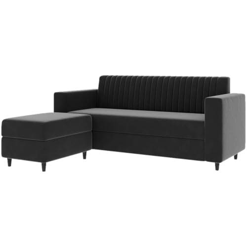 Image of FURNY Premium Joy 4 Seater Fabric L Shape Sofa Set - 3 Seater Modern Sofa Set with Ottoman for Living Room | with Velvet Fabric | 3- Year Warranty in Dark Grey Color