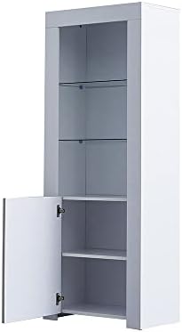 Panana High Gloss Tall Display Cabinet Wood Cupboard Sideboard Free Standing Storage Unit with Glass Shelves Door Blue LED Lights Living Room Grey and White