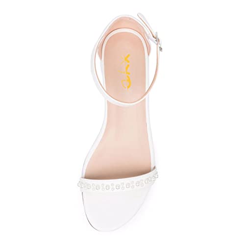 XYD Women Pearls Open Toe Strappy Low Block Heel Sandal Flats Ankle Strap with Buckle Wedding Bridal Dress Shoes3