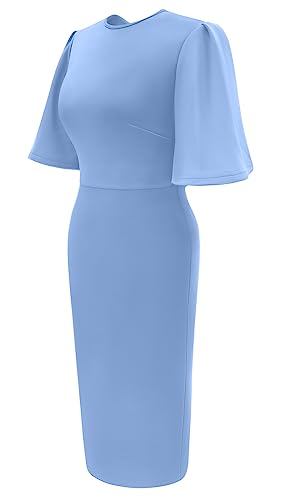 Image of Memoriesea Women's Basic Bodycon Ruffle Flared Short Sleeve Pencil Midi Dress