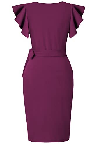 Image of oten Womens Deep V Neck Ruffle Sleeve Sheath Casual Cocktail Party Work Faux Wrap Dress