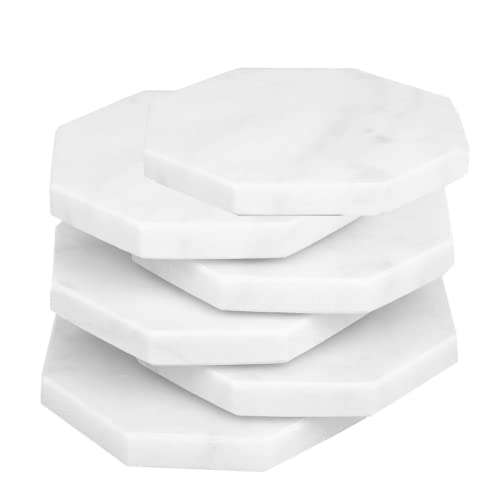 Lukeville Luxury Linen White Marble Coaster Set - 4 Inches Coasters Set of 6 - Drink Coasters Ceramic Coasters Table Coasters - Handmade Coaster for Mug Glass Drinks with Cork (Hexagon)