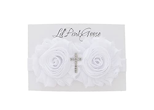 0-12 Months Baby Girls Baptism Headbands Ivory & White Weddings Headbands (6-12 Months, White with Cross)
