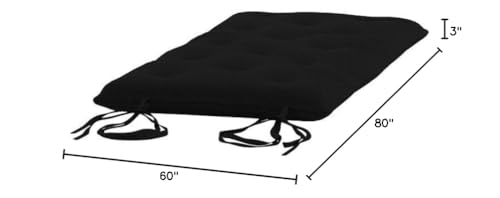 D&D Futon Furniture Queen Size Black Cotton/Foam/Polyester Traditional Japanese Floor Rolling Futon Mattresses, Yoga Meditation Mats, Beds 3 x 60 x 80