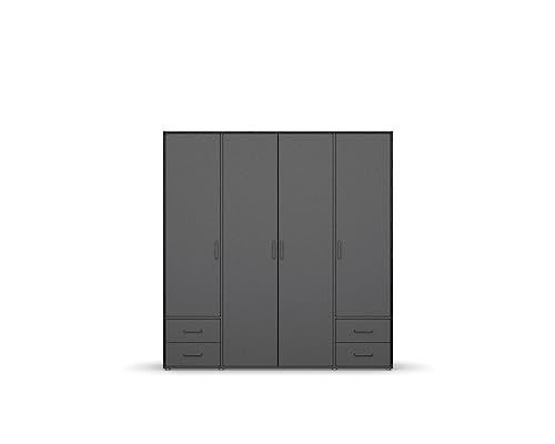 Rauch Möbel Voyager, Kleiderschrank für Schlafzimmer, Kinderzimmer, Babyzimmer, Jugendzimmer, Flur, 4-türig, 4 Schubladen, mit Zubehör Basic, Farbe Grau metallic, Schwarz, Breite 187cm