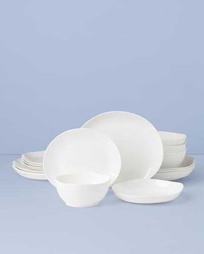 Image of Lenox Dinnerware Set, Studio 1414 Curve 16-Piece Set, Service For 4, Bone China Material, Dishwasher & Microwave Safe, Home And Kitchen, Kitchen And Dining, Plates And Bowls Sets (White, 16 Pieces)