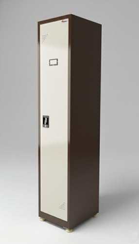 Image of Shubham Furnitures Single Door Steel Locker Cabinet with 4 Shelves & Hanging Rod | Heavy Duty Lockable Storage Cupboard for Office Gym Factory School | Powder Coated 1 Door Metal Locker Brown