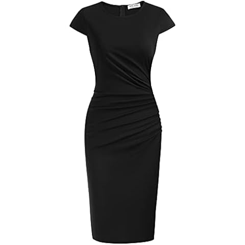 Kate Kasin Women Vintage Cocktail Dress Cap Sleeves Hips-Wrapped Ruched Bodycon Dress Black 356-01 L Cover