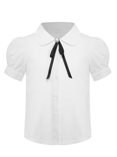 renvena Girls Puff Short Sleeve Shirts White Blouse Button Down Shirt Bowknot School Uniform Summer Causal Tops