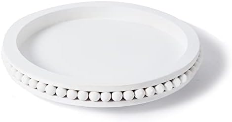 12 Inch White Beaded Lazy Susan for Table, Farmhouse Wooden Lazy Susan Turntable, Decorative Lazy Susan,360 Degrees Rotating Table Decor Spinning Tray