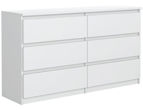 MebLocker Commode 6 Tiroirs Blanc 120 cm - Design Minimaliste - 120 x 39 x 78,5 cm - Meuble de Rangement Spacieux pour Chambre, Salon ou Bureau