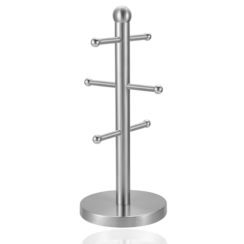 UNIQUE CRAFTS Mug Hanger Stand Tea Coffee Cup Holder with 6 Hooks | Modern Silver Mug Tree for Kitchen Storage and Organisation | Durable Stainless Steel Countertop Rack | Space-Saving Cup Organizer