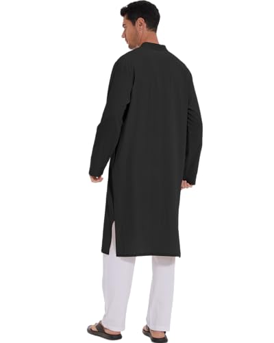 YAOHUOLE Men's Long Sleeve Muslim Thobe Robe Button Up Kaftan With Side Split and Pockets4