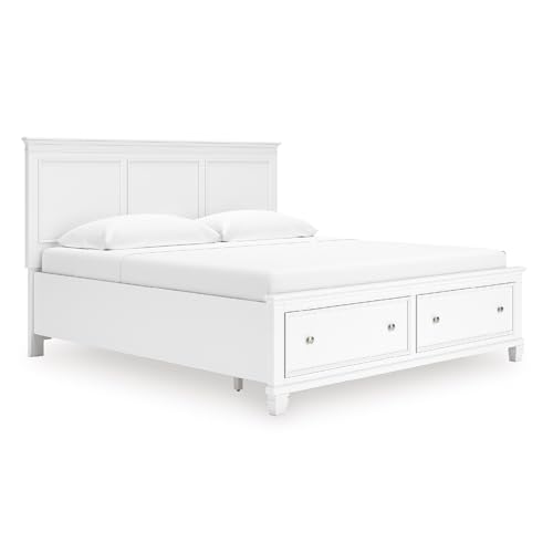 Image of Signature Design by Ashley California King Bed Frame with Storage, White | Hardwood solids and MDF, 2 footboard drawers, Roll slats included, White painted finish, Fortman Series