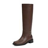 QIY Brown Riding Boots Fall Faux Leather Knee High Boots Women Slip-on Dress Wide Calf Square Toe Flat Chunky Block Tall Long Low Heel Size 10