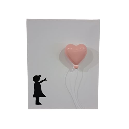 fatto a mano Quadro Banksy dipinto a mano su tela 24x30 con cuore in ceramica a rilievo (ROSA)