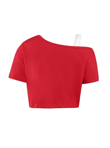 Image of Girls Off The Shoulder Tops Asymmetrical Short Sleeve Crop Top Cute Summer Tee Shirts