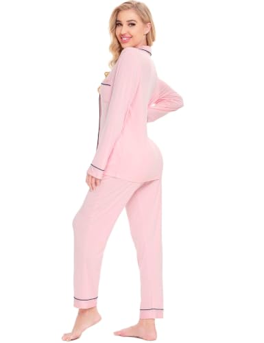 Image of SWOMOG Womens Pajamas Set Long Sleeve Sleepwear Button Down Nightwear Soft Cotton Pj Lounge Sets