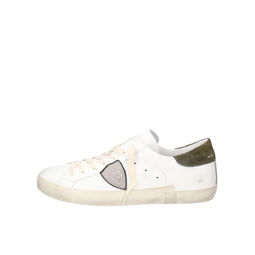 Sneaker Philippe Model modello Prsx realizzata in pelle bianca e verde. Caratterizzata da un talloncino verde logato e da un effetto used. Presenta inoltre lo scudo laterale embossed ed una suola in gomma di 2,5 cm. Talloncino verde logato Scudo laterale embossed Suola in gomma di 2,5 cm