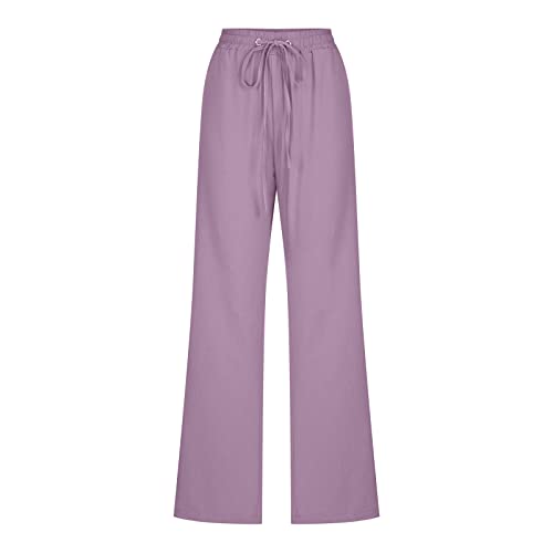 Linen Pants Women Straight Leg Lounge Pants Elastic Waist Drawstring Pants Lightweight Trousers Summer Loose Pants3
