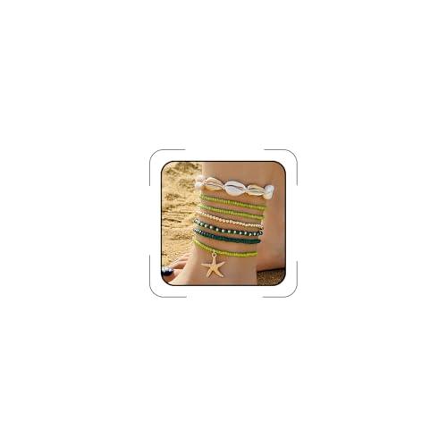 Image of Shell Anklets Bracelet for Women Waterproof Surfer Starfish Bracelet Puka Shell Anklet Colorful Boho Stack Stretch Bead Bracelet Set Hawaii Summer Beach Vacation Foot Jewelry