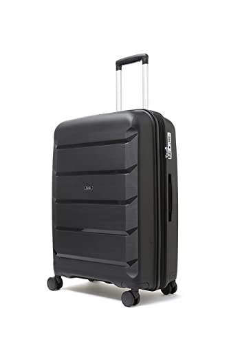 Rock Tulum Medium Expandable Hard Shell Hold Suitcase in Black - Lightweight & Durable, 360 Swivel Wheels, Telescopic Handle, Impact-Resistant & TSA Combination Lock - 66x46x30cm 4.2KG