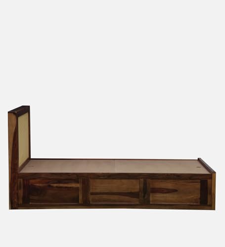 Image of Solid Sheesham Wood Jaipori Single Bed with Box Storage | Wooden Single Bed Cot Palang Furniture for Bedroom Living Room Home and Hotel (Provincial Teak Finish)