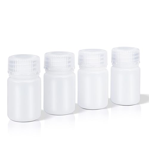 DEMORA 1 oz Small Plastic Bottles with Caps Airtight Refillable Wide Mouth Travel Bottles for Toiletries HDPE Food Grade Plastic Containers for Liquids Pill Sample Lab Reagent (Translucent 4 Pcs)