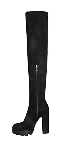 OLCHEE Damen Sexy Oberschenkelhohe Stiefel - Overknee Plateau Chunky High Heels Bootie, Schwarz - Wildleder, 38 EU Cover
