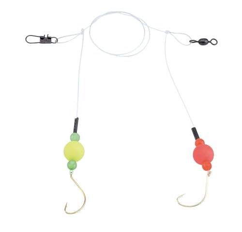 AFW Double Drop Mono Rig – Línea Mono Transparente 45 lb con Flotadores Fluorescentes Rojos y Amarillos, Anzuelos Chapados #6 y Giratorio Barril #7 – Equipo de Pesca para Orilla para Spot, Kingfish y Especies de Fondo miniatura 2