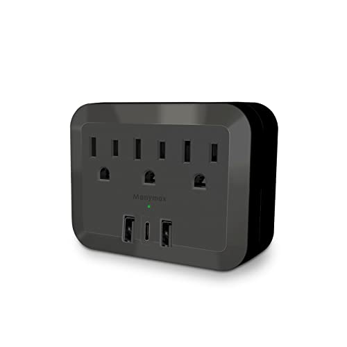 Multi Plug Outlet Extender with 3 AC Outlets 2 USB & 1 USB-C, Manymax Outlets Splitter 1875W, USB C Wall Charger, Multiple Power Outlet Adapter for Travel, Home, Office, Cruise, Dorm-Black (1 Pack)