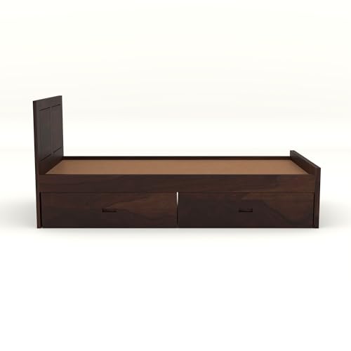 Image of Solid Sheesham Wood Single Size Bed with 2 Drawer Storage Wooden Single Cot Bed for Home Living Room Bedroom Guest Room Hotel (Walnut, Size 6 * 4)