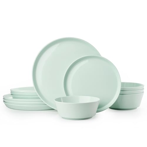 Image of KINGSTONE 12-Piece Bone China Dinnerware Sets, Mint Green | Lightweight Plates & Bowls Set | Straight Rim Bowl Dinner Set | Scratch Resistant | Microwave & Dishwasher Safe | Serves 4