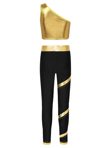 Kids Girls Shinymetallic Gymnastic Jumpsuit Set One Shoulder Crop Top With Legging Ballet Yoga Tracksuit2