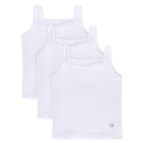 Feathers Girls Solid White Snug Fit Tagless Cami Vest - 100% Cotton Super Soft Undershirts (3/Pack)