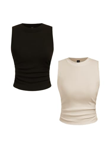 Image of CIDER Womens Tank Tops Sleeveless High Neck Ruched Crop Tops Going Out Casual Basic Ribbed Shirt Summer Fashion Clothing