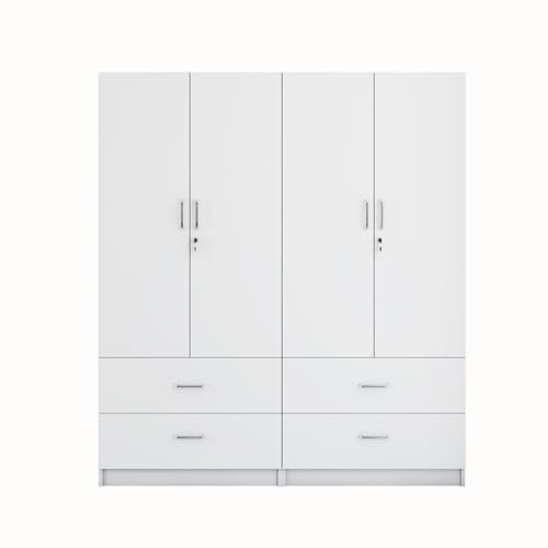 Image of VIKI Wardrobe | Wooden Almirah for 4 Door 4 Drawer with Shelves & Hanging Space Wardrobe (Frosty White - 40D x 160W x 180.8H) | 1 Year Warranty | Free Assembly