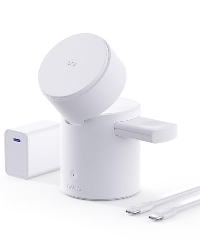 iWALK 3 En 1 Soporte De Carga Inalámbrica con Rotación Automática, Estación De Carga con Imán, 15W Estación De Carga Inalámbrica Plegable para iPhone 17 16 15 14 13 12 & Apple Watch & Airpods