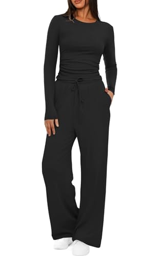 Rayson Conjunto Deportivo Mujer Ancho Dos Piezas Casual Chandal Mujer Completo Manga Larga Conjunto Pantalon y Blusa con Bolsillo Elegante para Casa Fitness Jogging(Negro, L)