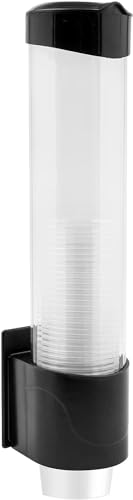Cup Dispenser Medium Pull Type, Paste or Screw Plate Mountable Cup Holder, Fits 5oz - 7oz Cone or Flat Bottom Cups, 16” Tube Length, Mounting Water Dispenser Cooler or Wall (Black)