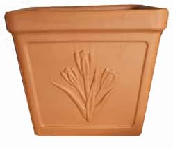 Generic Vaso quadrato in terracotta con fiore in rilievo Made in Italy – Fioriera in Cotto, lato 30 x 30 cm, altezza 26 cm