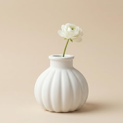 Image of Small Vase for Home (7.5x7.5 cm) | White Aesthetic Flower Vase for Living Room, Coffee Table & Shelf | Minimal Handmade Concrete Pumpkin Vase for Modern Interiors