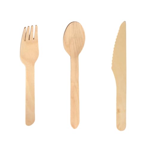 Enpack Bio Besteck Set aus Holz jeweils 100 Stück - Umweltfreundliche Messer, Gabel, Löffel Besteck Sets - 165mm Messer - 160mm Gabel - 160mm Löffel Eco friendly
