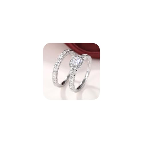 2PCS 925 Plated Silver Bridal Rings Sets Square Cut Cubic Zirconia Halo CZ Engagements Rings Wedding Bands for Women Promise Rings for her Size 8#