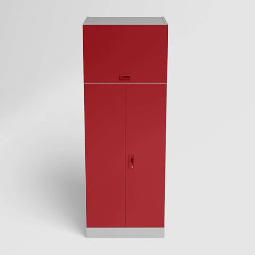Image of Interio by Godrej Almirah Slimline 2-Door Steel Almirah, Cupboard for Clothes (Royal Ivory and Baked Apple), 1-Year Warranty, 1 Locker, 4 Shelves, Over Head Unit