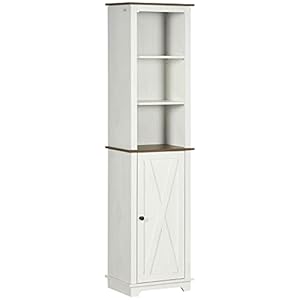 kleankin Slim Bathroom Storage Cabinet with Triple Open Shelves & Cupboard, Wooden Freestanding Linen Tower Tall Skinny Bathroom Storage Cabinet with Door and Shelf Adjustability, White