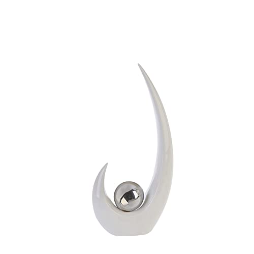 Moderne Skulptur Move aus Keramik in weiß/silber mit silberner Kugel Höhe 37 cm