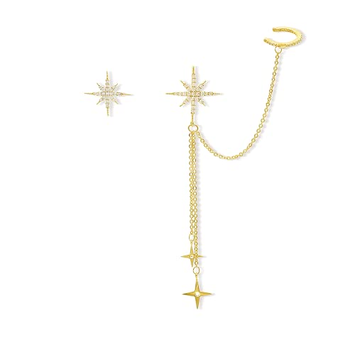 Sonateomber Gold Ear Cuff Star Dangle Long Chain Drop Earrings For Women Teen Girls - Trendy Cute Eight-Pointed Angel Star Asymmetrical Stud Non Piercing Cartilage Crawler Wrap Jewelry Gifts #TOP13